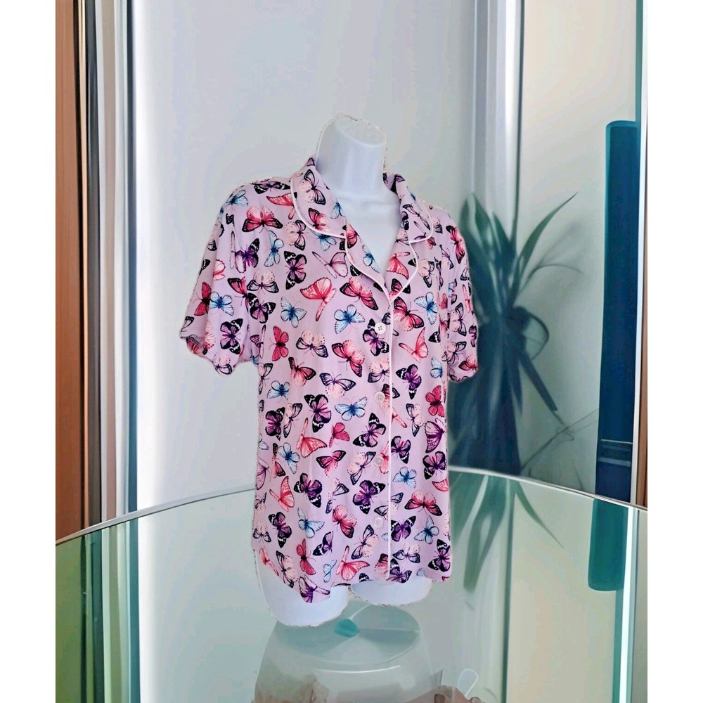 Room Service Sleep Top L Purple Butterfly Print Button Up Soft Pajama‎ Spandex